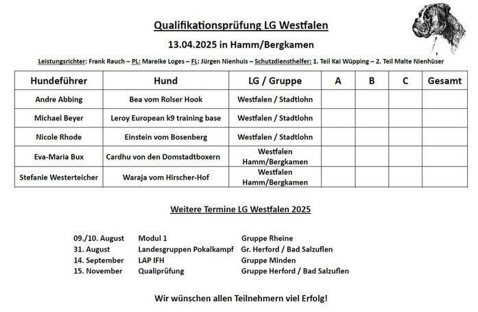 Am kommenden Sonntag findet in der LG Westfalen, Gruppe Hamm/Bergkamen eine Qualifikationsprüfung statt.  Fünf Teams haben gemeldet, Leistungsrichter ist Frank Rauch. Für das leibliche Wohl ist bestens gesorgt. Beginn der Unterordnungen ist für 10:30 Uhr geplant. Veranstaltungsort: Römerstraße 2, 59075 Hamm Wir drücken allen Teilnehmern die Daumen!!